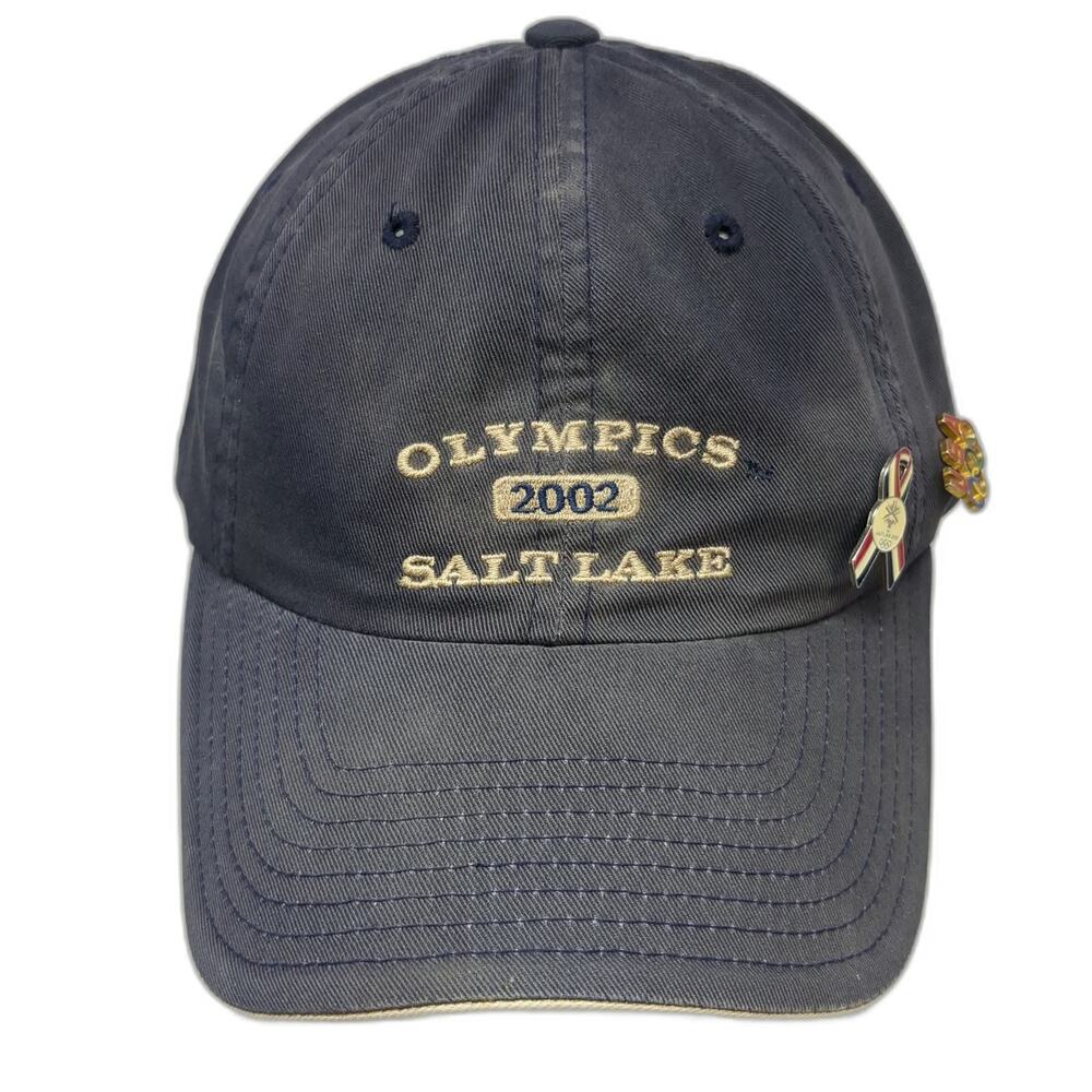 American Needle Baseball Cap Blue OS 2002 Salt Lake Olympics Hat Pins Vintage